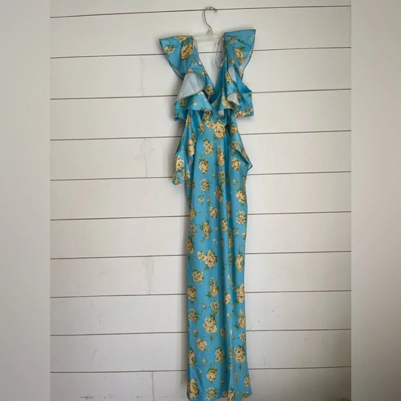 Asos Design Petite Satin Midaxi Dress With Multi Flutter Sleeves In Blue Floral - Picture 5 of 10